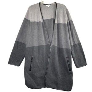 Charter Club Color Block Open Cardigan w/Faux Leather Trim- Heather/Onyx, Sz 0X